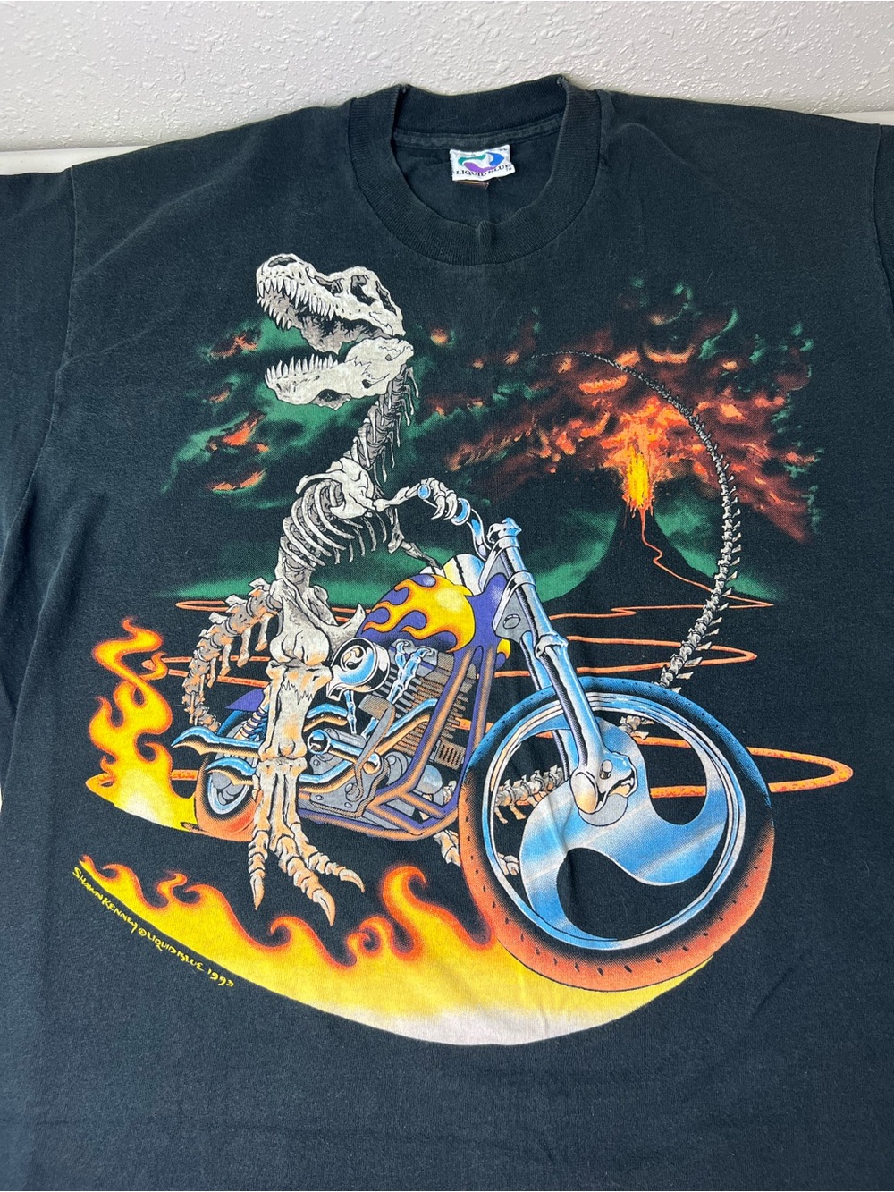 Liquid Blue VTG 90’s (1993) “Bad To The Bone” T-Rex Riding a Motorcycle XL Tee - Picture 12 of 13